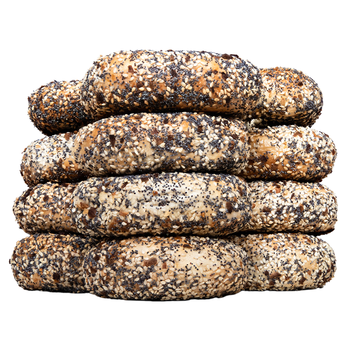Freshly baked stack of all dressed "everything" bagels from St-Viateur bagel shop in Montreal.