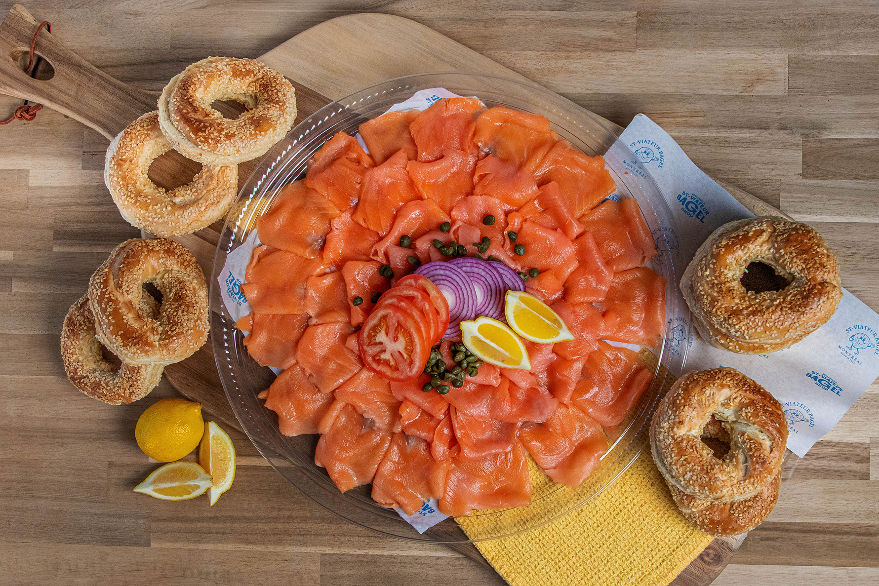 Catering platter of fresh smoked salmon.