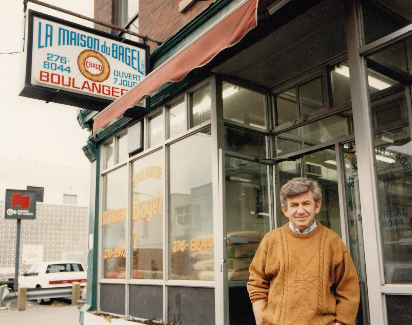 Founder Myer Lewkowicz in front of St-Viateur bagel shop in Montreal.