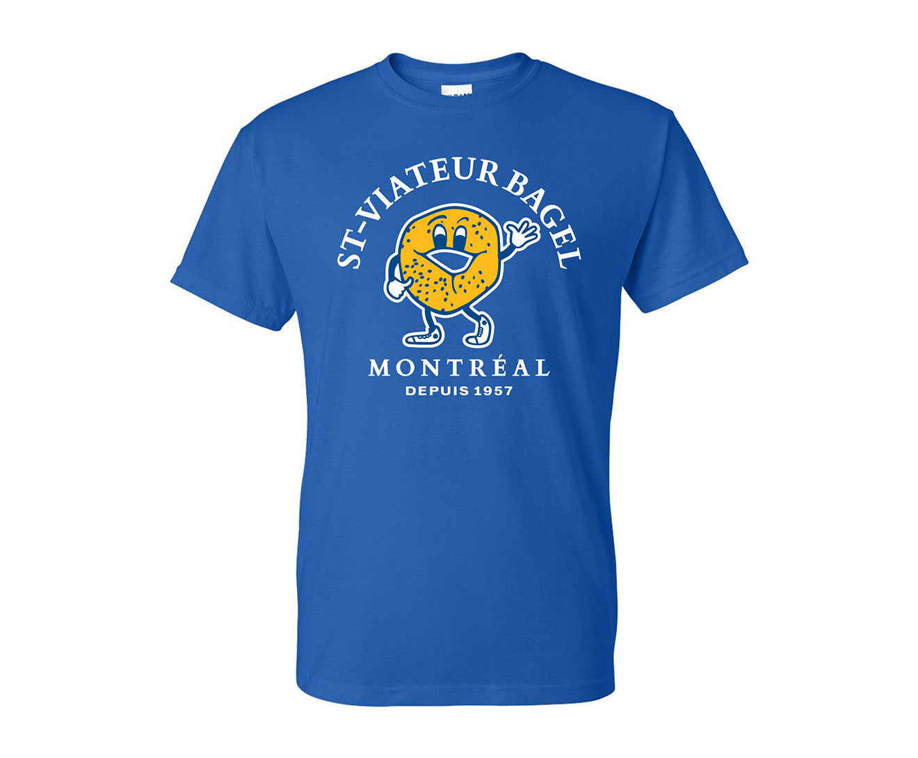 Blue t-shirt with the iconic St-Viateur logo.