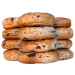 Freshly baked stack of blueberry bagels from St-Viateur bagel shop in Montreal.