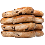 Freshly baked stack of cinnamon raisin bagels from St-Viateur bagel shop in Montreal.