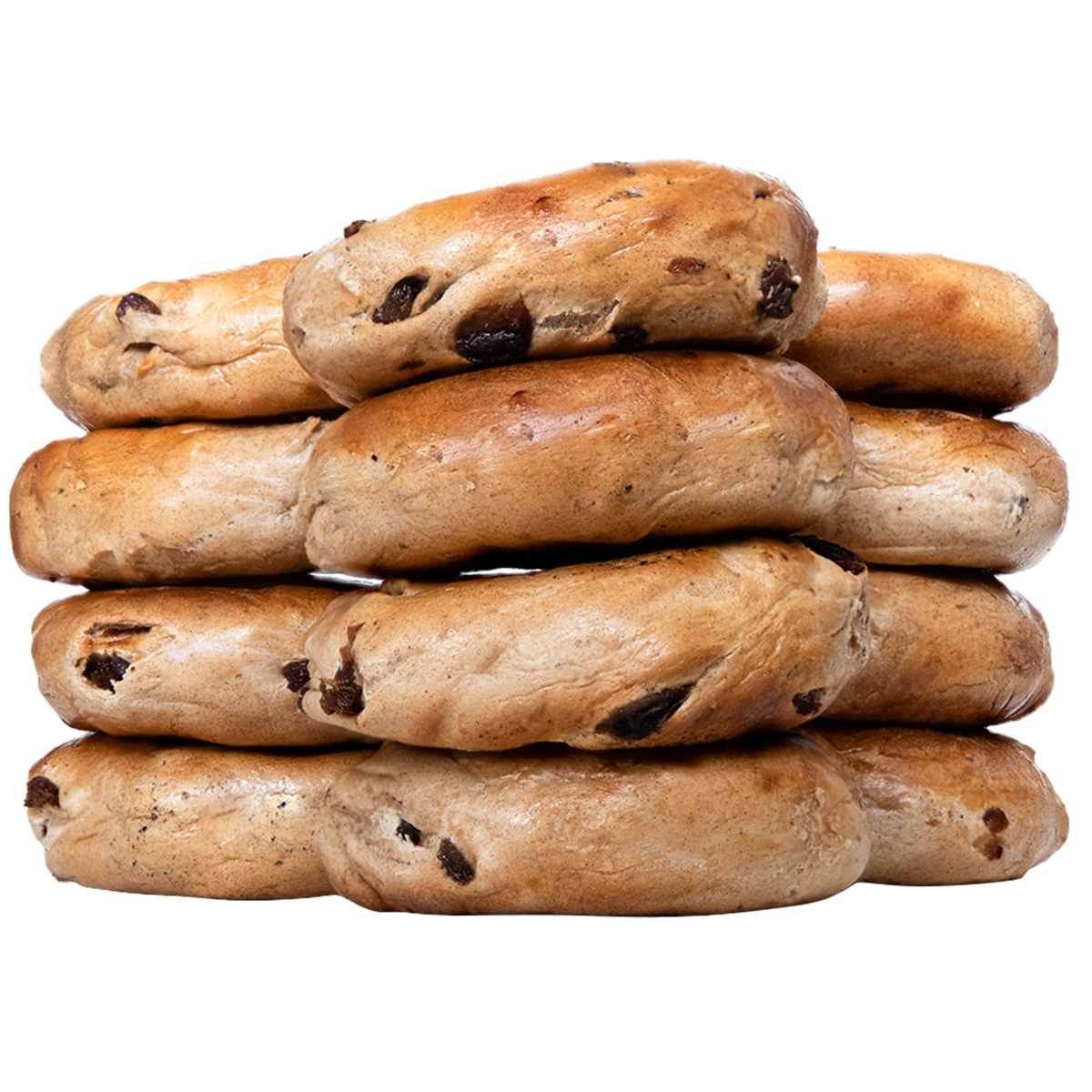 Freshly baked stack of cinnamon raisin bagels from St-Viateur bagel shop in Montreal.