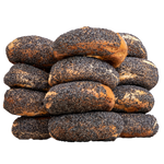 Freshly baked stack of poppy seed bagels from St-Viateur bagel shop in Montreal.