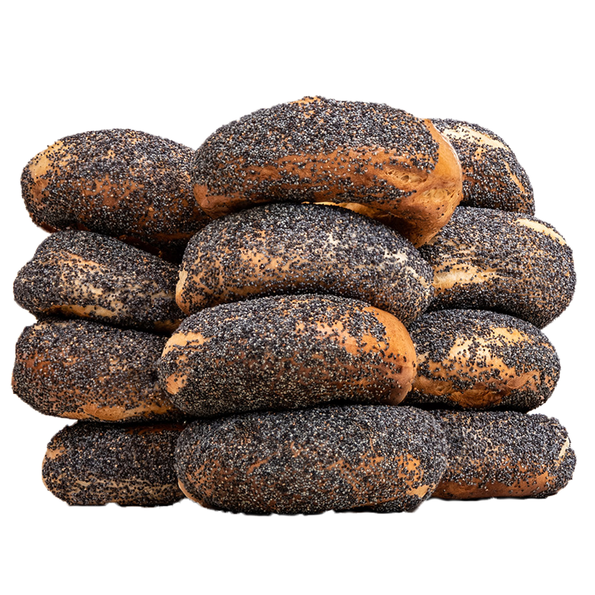 Freshly baked stack of poppy seed bagels from St-Viateur bagel shop in Montreal.