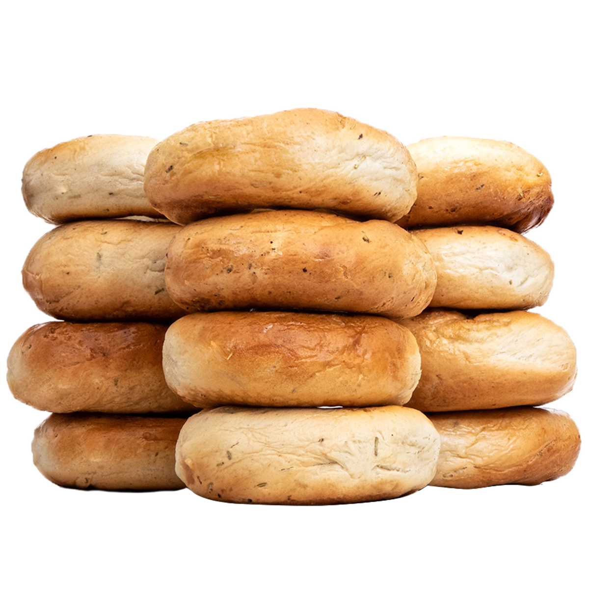 Freshly baked stack of rosemary & sea salt bagels from St-Viateur bagel shop in Montreal.